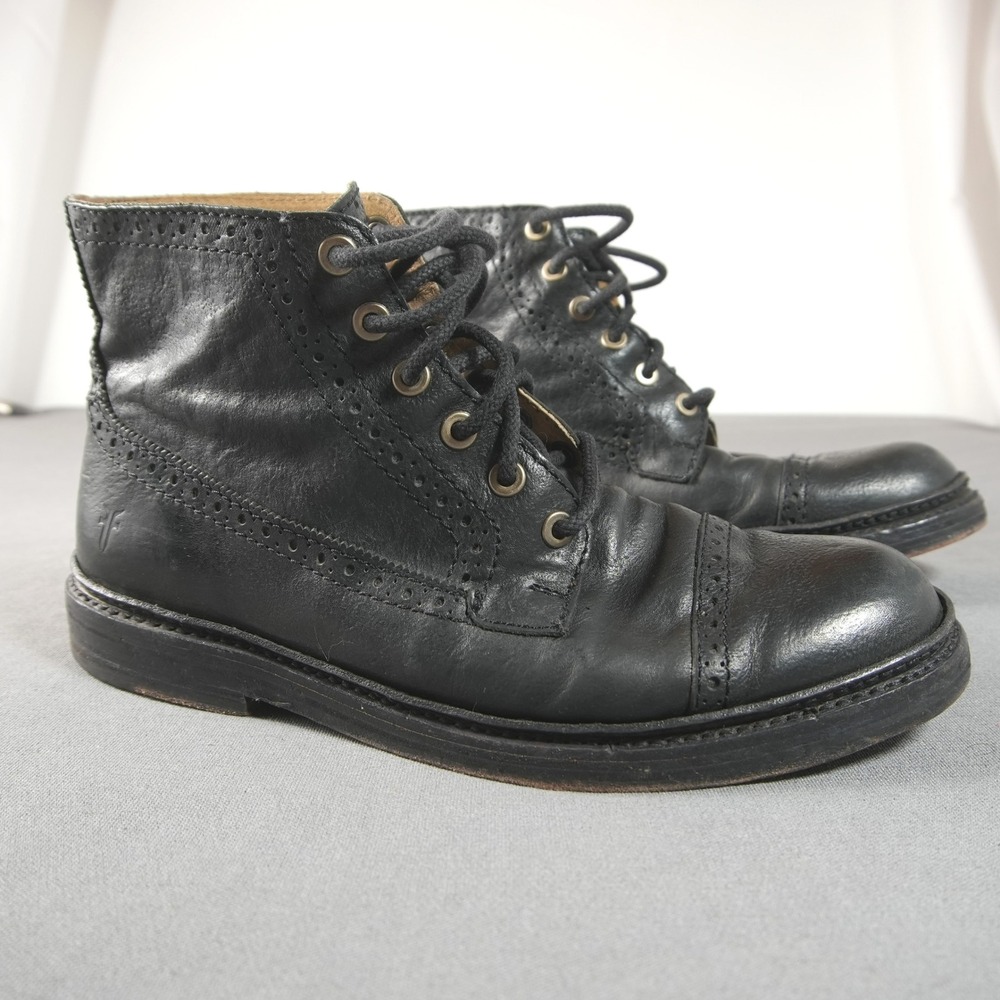 Frye Wingtip Brogue Pebbled Leather Men Ankle Boot 8 D Black Retro Biker Western